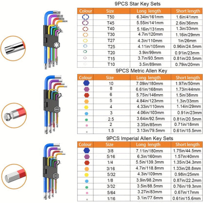 Hex Wrench Set 27-Piece – Color-Coded Long Ball End & Star Hex Keys with T-Handle | Chrome Vanadium Steel | Metric 1.5–10mm, SAE 1/16”–3/8”