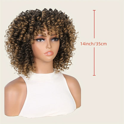 Synthetic Wig 14-Inch Kinky Curly Afro with Bangs, 180% Density and Stretch Net Cap for Daily Style