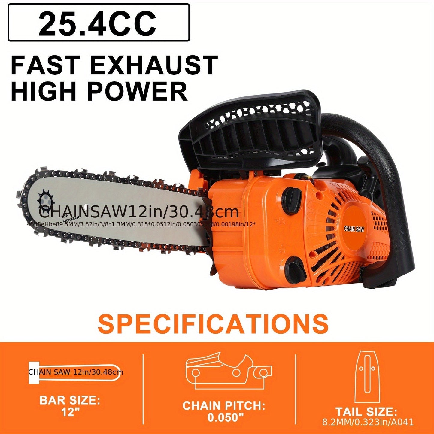 Compact 25.4CC Gas Chainsaw with 12-Inch Guide Bar and Orange Two-Stroke Engine Housing Design
