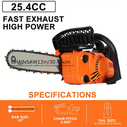 Compact 25.4CC Gas Chainsaw with 12-Inch Guide Bar and Orange Two-Stroke Engine Housing Design