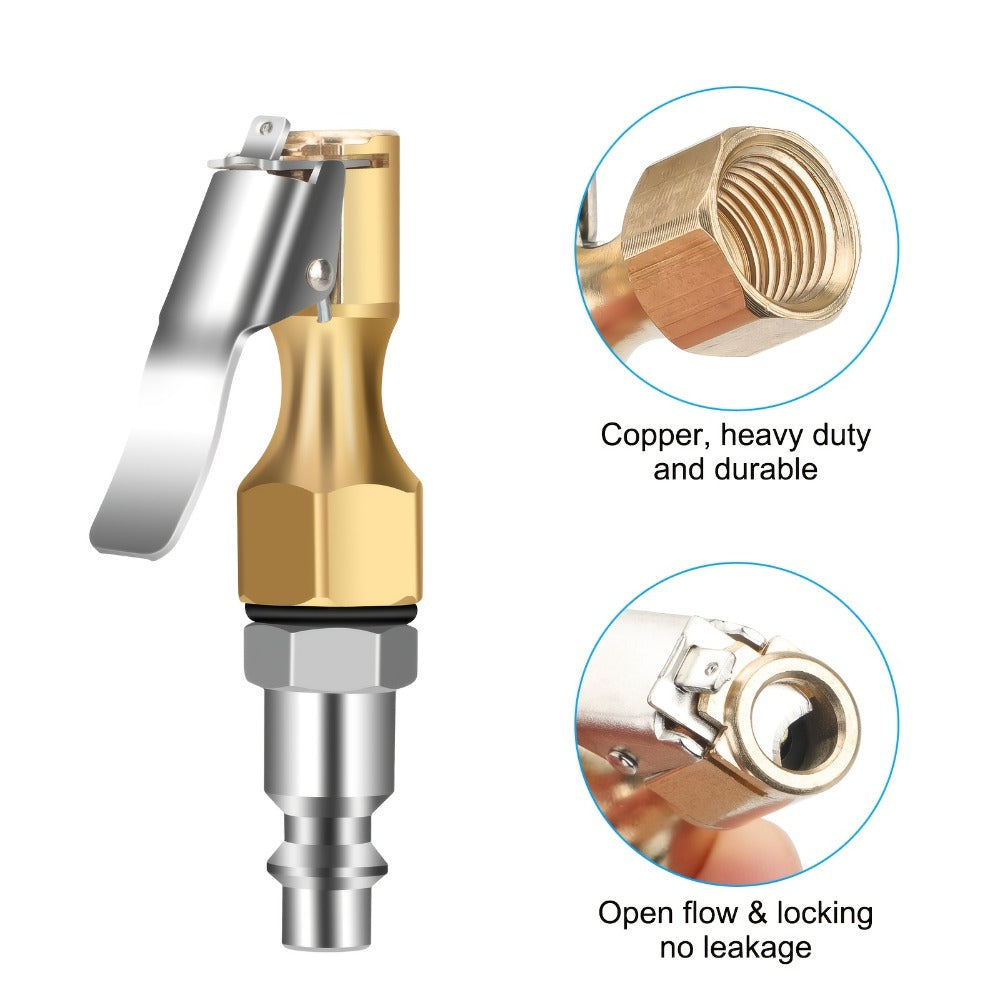 Air Chuck Lock-On Tire Inflator 3-Piece Set – Closed Flow Clip-On, 250 PSI, Schrader Valve Compatible, Heavy-Duty Copper for Car