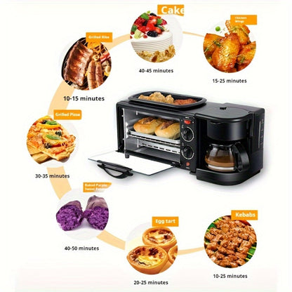 3-in-1 Breakfast Station Maker - Coffee Maker + Toaster + Frying Pan Combo, One-Touch Timing Fast Cooking