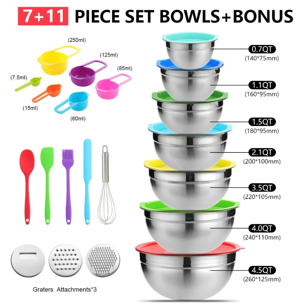 21-Piece Mixing Bowl Set with Color-Coded Lids, Three Grater Inserts and Prep Tool Assortment