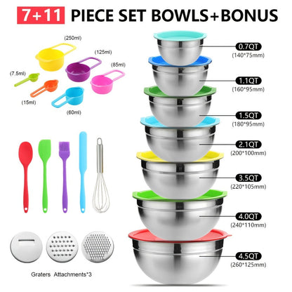 21-Piece Mixing Bowl Set with Color-Coded Lids, Three Grater Inserts and Prep Tool Assortment