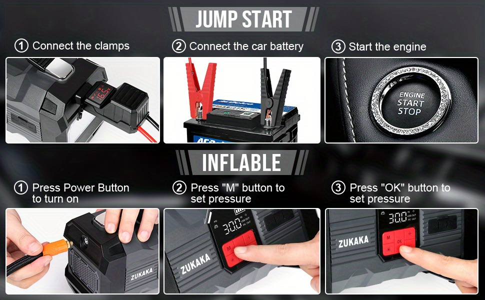 Jump Starter with Air Compressor 9000A Peak 10-in-1 150 PSI for All Gas 10L Diesel 12V USB USB-C Digital for Garden, Patio and Yard Use