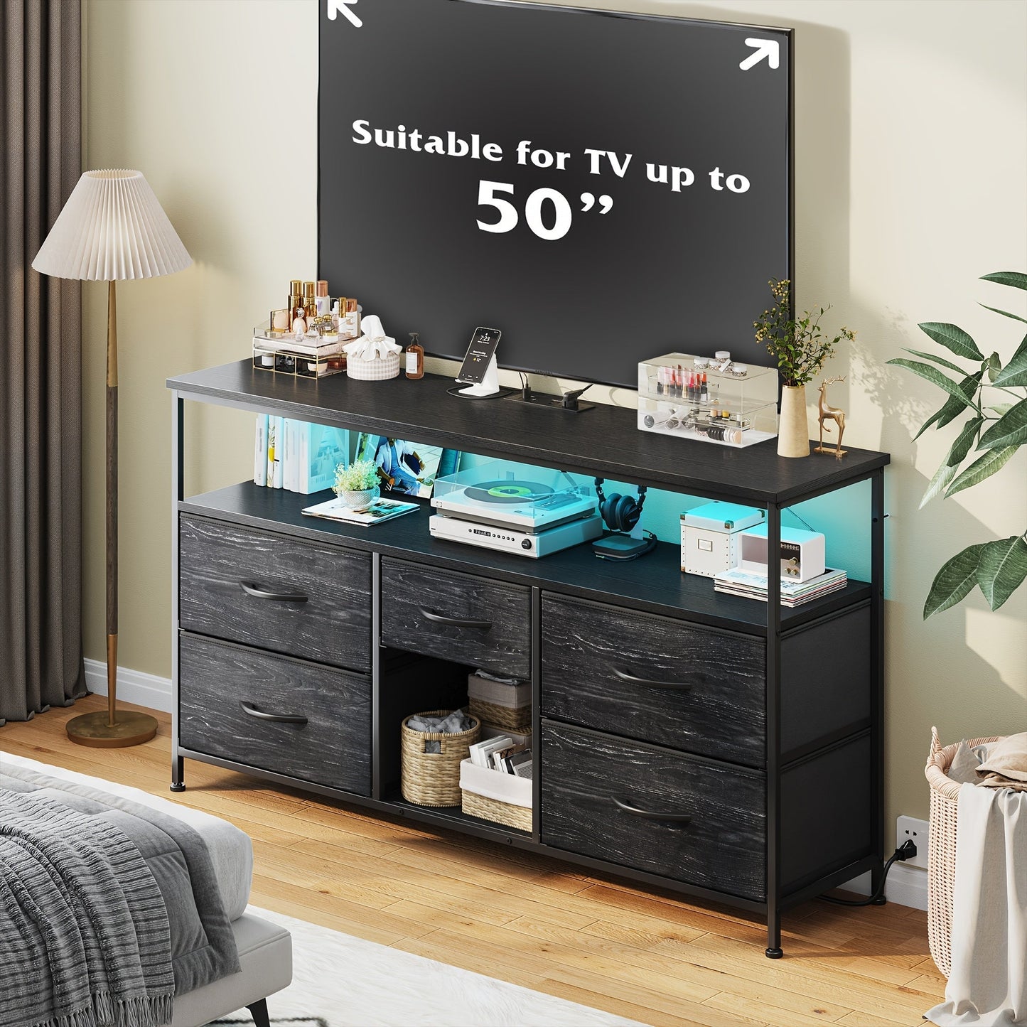 TV Stand shown in the Black Wood Grain option