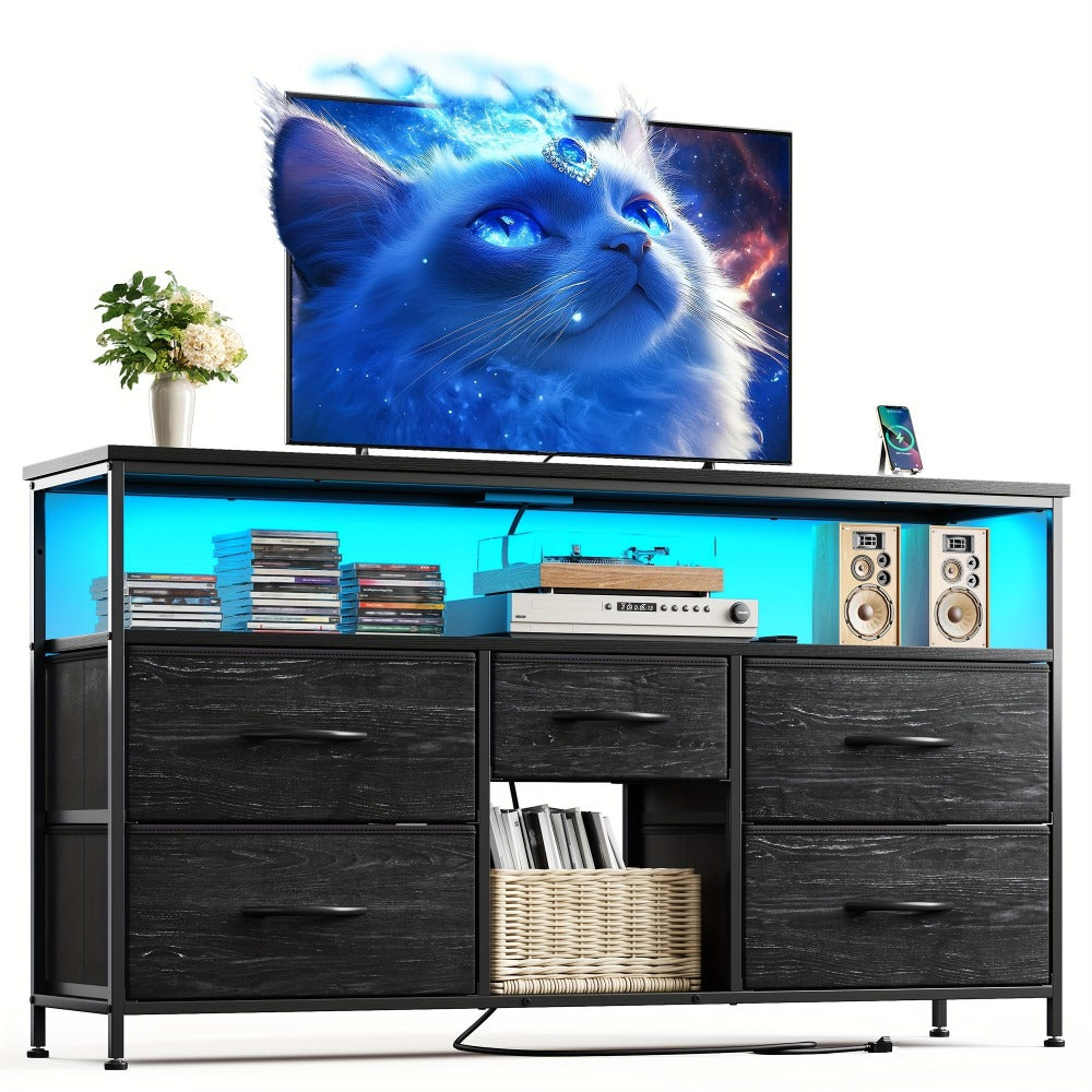 TV Stand, Dresser with Power Outlets & LED Lights, 5 Fabric Drawers Entertainment Center shown in the main product view