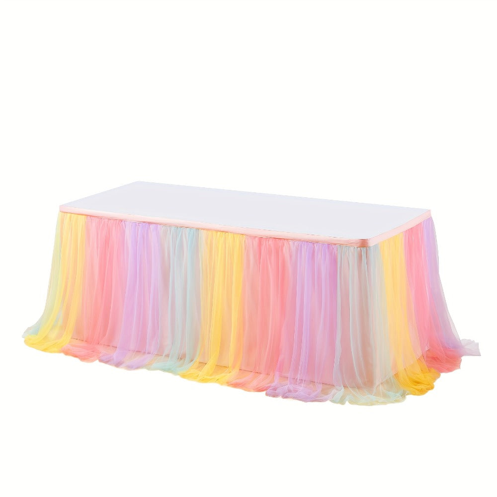 Six-Foot Gathered Tulle Table Skirt with Ten Solid or Multicolor Options for Parties and Events