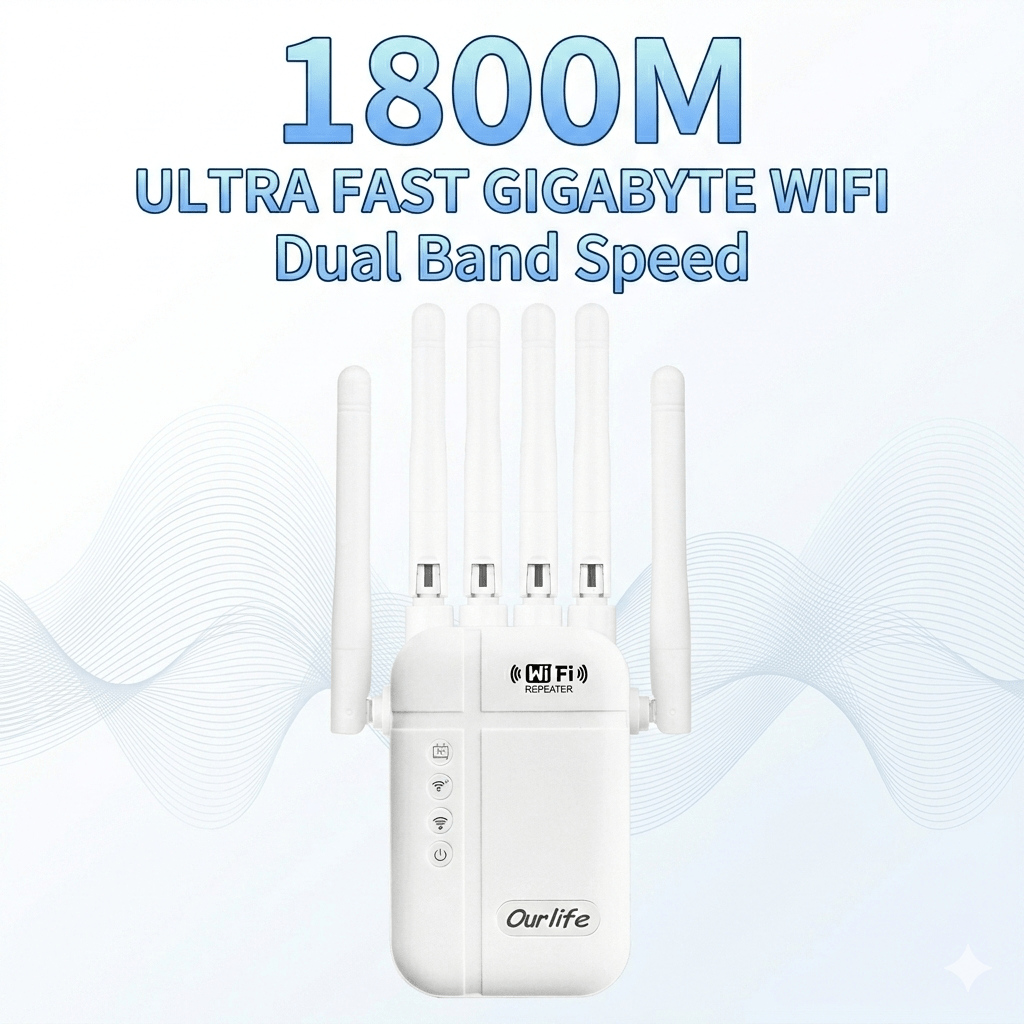 WiFi Range Extender Ourlife 1800Mbps WiFi 6 Dual-Band with Six Antennas, WPS Control and Ethernet Port