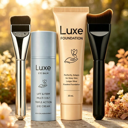 Liquid Foundation Makeup Set 4 Pcs, Full Coverage Buildable Foundation, Eye Cream Applicator & 2 Foundation Brushes