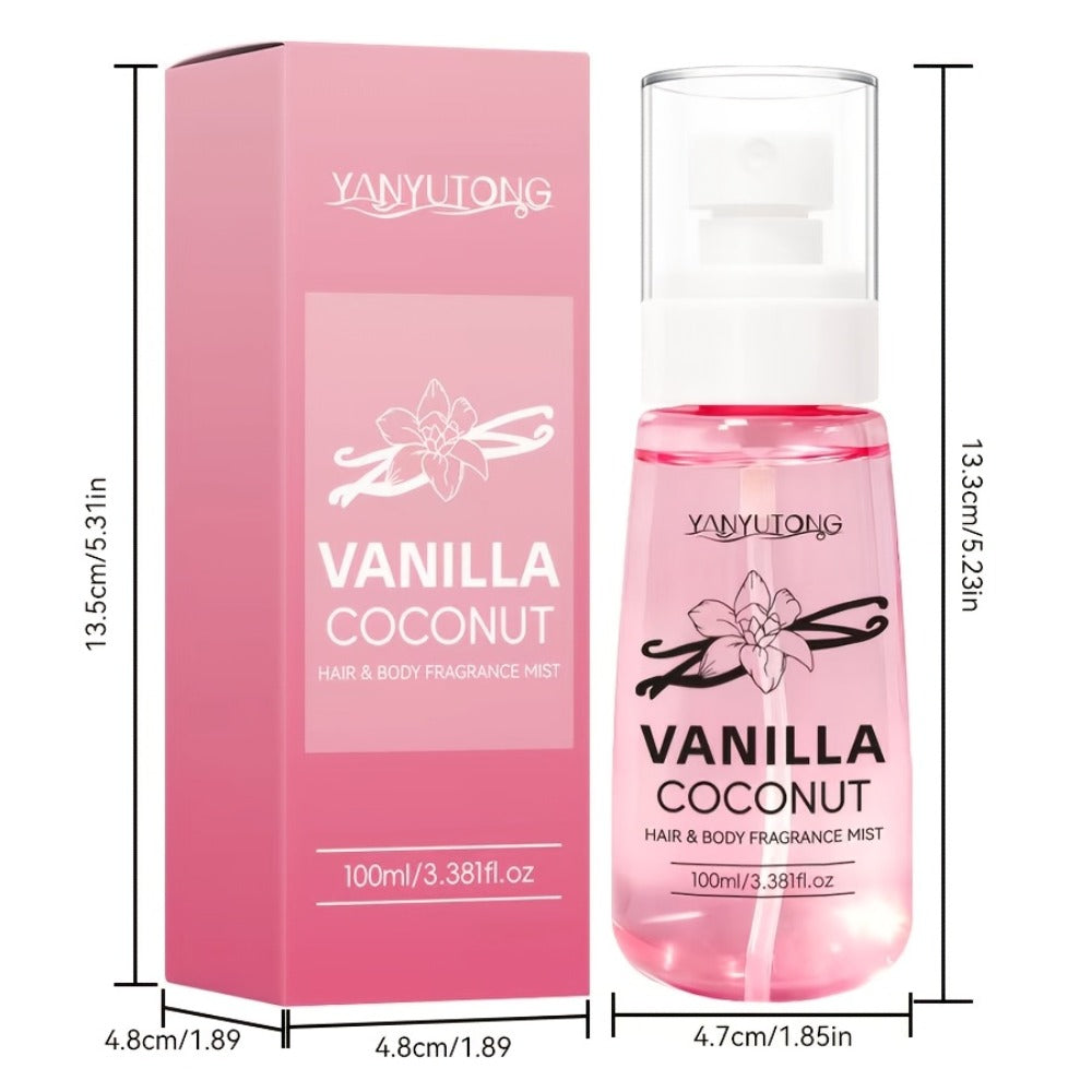 Coconut Vanilla Fragrance Mist Hair & Body Spray – Alcohol-Free with Vitamin E, Argan Oil & Glycerin, Moisturizing Long-Lasting Tropical
