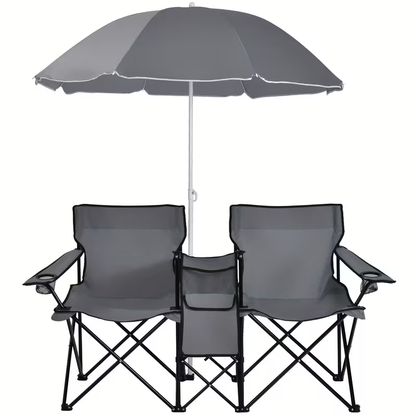 Folding Picnic Chair Set for 2, Umbrella, Cooler Bag & Table, 600 Lbs Capacity, Portable, for Camping, Travel and Outdoor Use