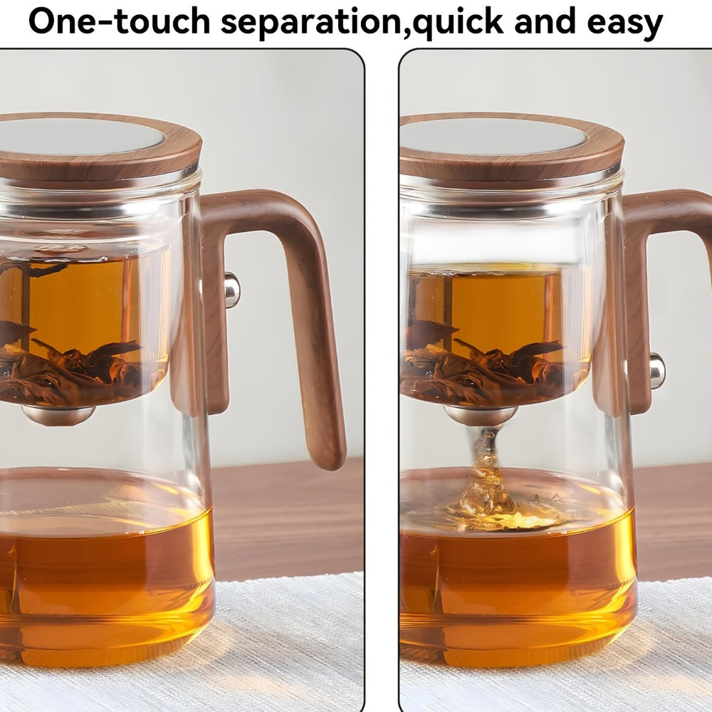 Glass Teapot with Infuser & Wooden Handle – Borosilicate Tea Kettle, One-Button Tea-Water Separation, Drip-Free Spout