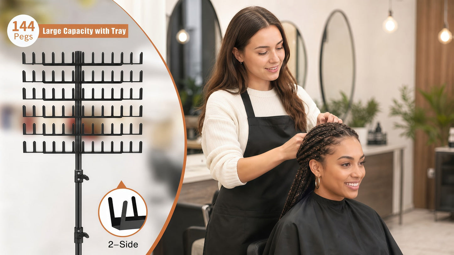 Braiding Hair Rack 144 Pegs Height Adjustable 2-Side Hair Extension Holder Stand with Tray – Foldable Portable Professional Braiding Station