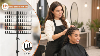 Braiding Hair Rack 144 Pegs Height Adjustable 2-Side Hair Extension Holder Stand with Tray – Foldable Portable Professional Braiding Station