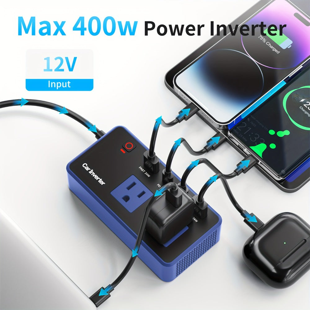 200W Car Power Inverter DC 12V to 110V AC Outlet + USB-C & USB-A 4.8A 24W, Car Plug Adapter Converter for Laptop Camping Travel Road Trip