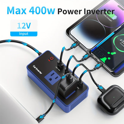 200W Car Power Inverter DC 12V to 110V AC Outlet + USB-C & USB-A 4.8A 24W, Car Plug Adapter Converter for Laptop Camping Travel Road Trip
