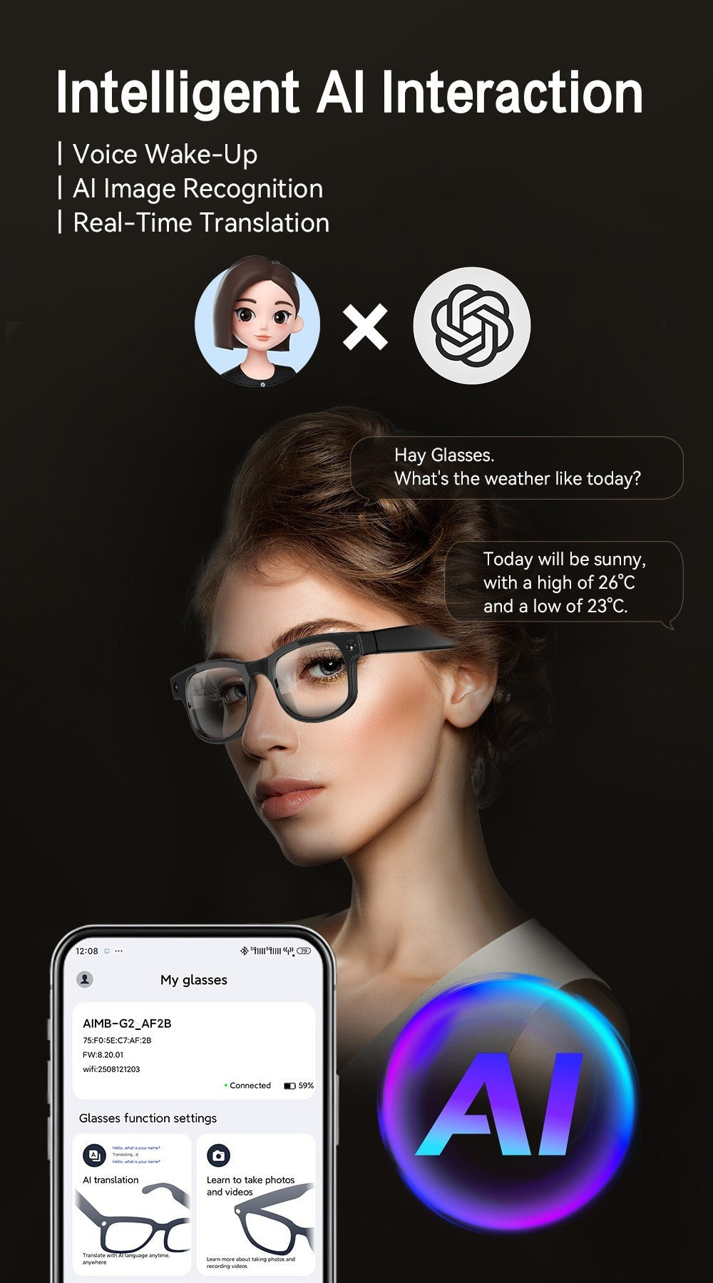 Smart Glasses with Camera and Bluetooth, 8MP Camera Eyewear with Translation, Object Recognition, Touch Control and Bluetooth Audio