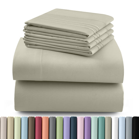 Fitted Sheet Set 6-Piece Brushed Polyester Deep Pocket Bed Sheets 20 Colors Hotel Luxury Bedding with Embroidered Pillowcases