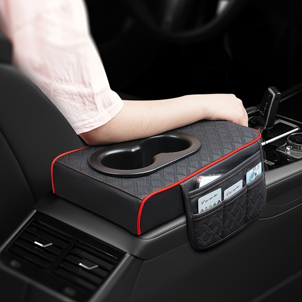Car Center Console Cover PU Leather – Universal Armrest Box Mat with 2 Cup Holders & 2 Side Pockets, Phone & Card Storage