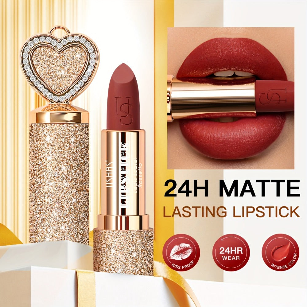 Matte Lipstick Heart-Shaped Design 24H Long-Lasting Velvet Finish – Transfer-Resistant Highly Pigmented Buildable Lip Color
