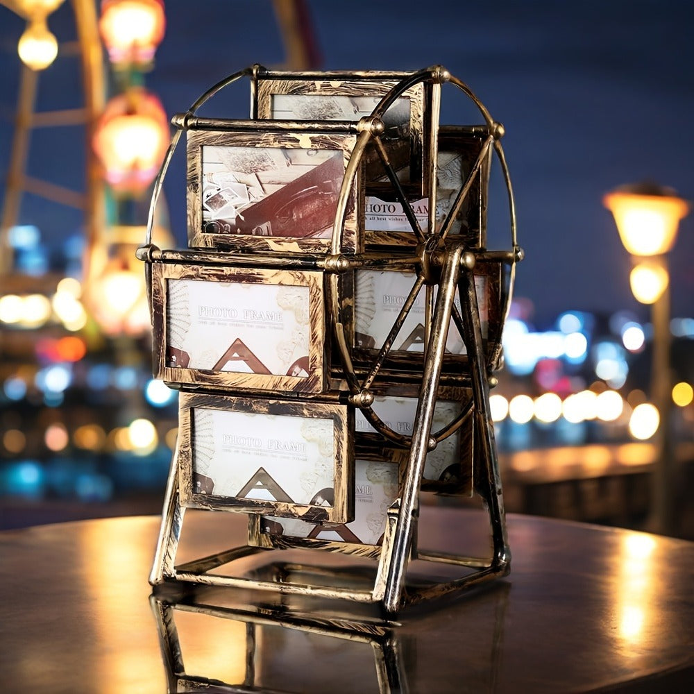 Rotating Ferris Wheel Photo Frame - Holds 8 Photos 4 inch - Vintage Spinning Picture Display Stand for Desk