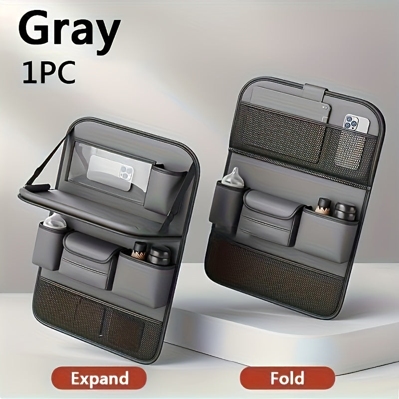 Seatback Car Organizer with Fold-Down Tray, Cup Recesses, Tissue Opening and One- or Two-Piece Packs