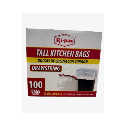 White Drawstring Trash Bags 13 Gallon 100 Count, Tall Kitchen Garbage Bags 0.9 Mil, 2 ft x 2 ft 3 in, Easy-Tie Drawstring Closure