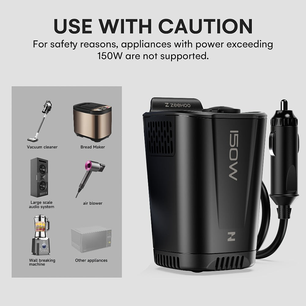 Black 150W Vertical Car Power Inverter with Two 110V AC Outlets, USB-A and USB-C Ports for Vehicles