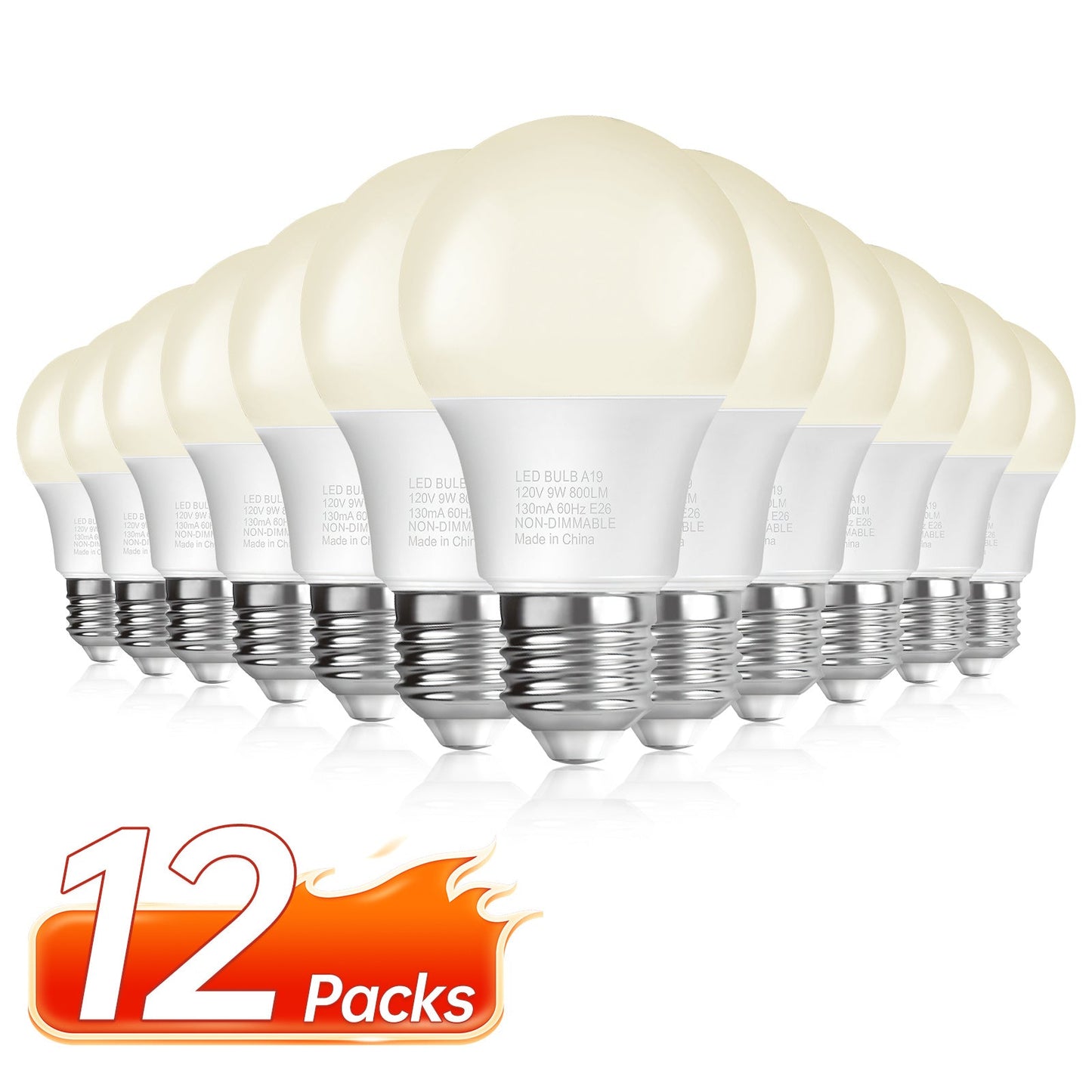 A19 LED Light Bulbs, 9W E26 12-Pack with 800-Lumen Marking in 2700K, 3000K, 4000K or 5000K