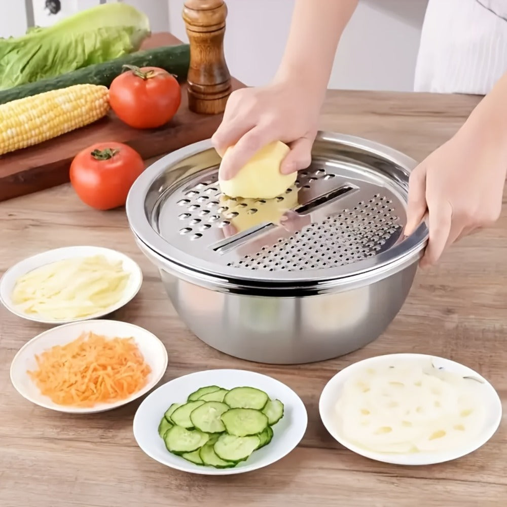 Stainless Steel 3-in-1 Kitchen Prep Set with Mixing Bowl Built-In Grinder Multi-Layer Slicer for Home Cooking, Dining and Outdoor Meals