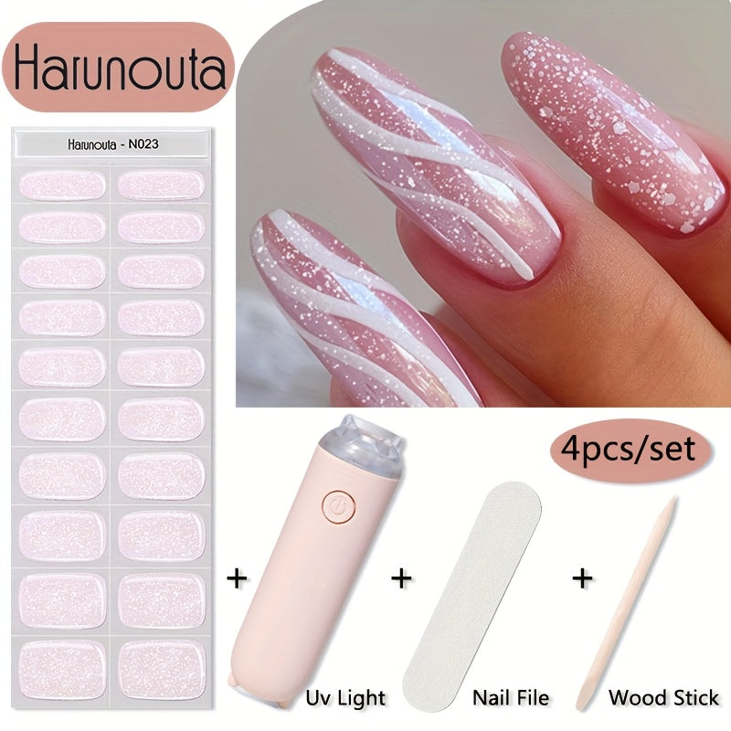 Semi Cured Gel Nail Strips Kit with Handheld LED Nail Lamp, 20 Real Gel Nail Stickers Wraps for DIY Nail Art