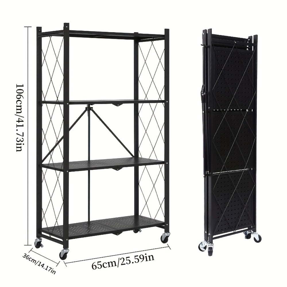 Storage Rack 3-5 Tier Foldable Shelving Unit with Wheels – Portable Multi-Layer Floor Standing Utility Shelf Organizer for Bedroom Closet
