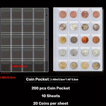 Coin Collection Book with Zipper & Handle 200/320 Pockets – 10/20 Page Coin Storage Album for Currency & Commemorative Coins