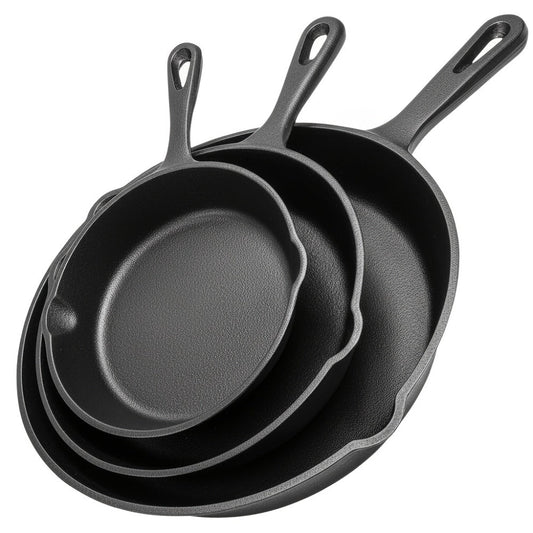 3-Piece Cast Iron Skillet Set with Long Handles, Pouring Lips and 6-, 8- and 10-Inch Graduated Pans