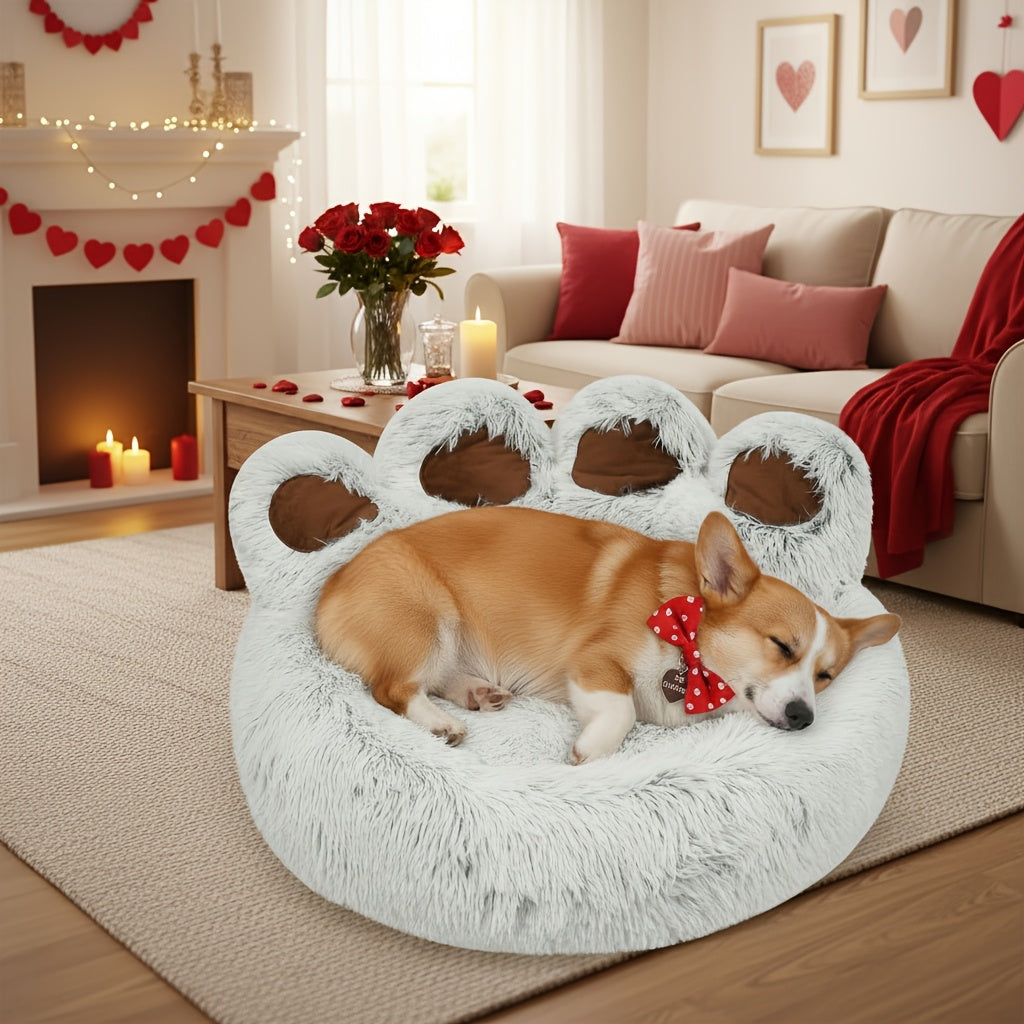 Dog Bed Cat Bed Bear Paw Shaped Donut – Calming Round Plush Pet Mattress, Warm & Soft Cuddler Bed for Dogs and Cats, Includes Pet Scarf