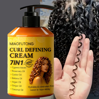 7-in-1 Curl Defining Cream by MIAOFUTONG in 280ml Pump Bottle with Seven Front-Label Botanical Ingredients