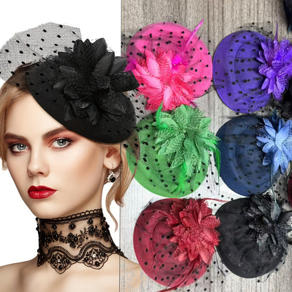 Fascinators & Mini Hats - Fascinator Set of 6 Feather Pillbox Hat with Clip Veil Flower for Women - product detail view 3