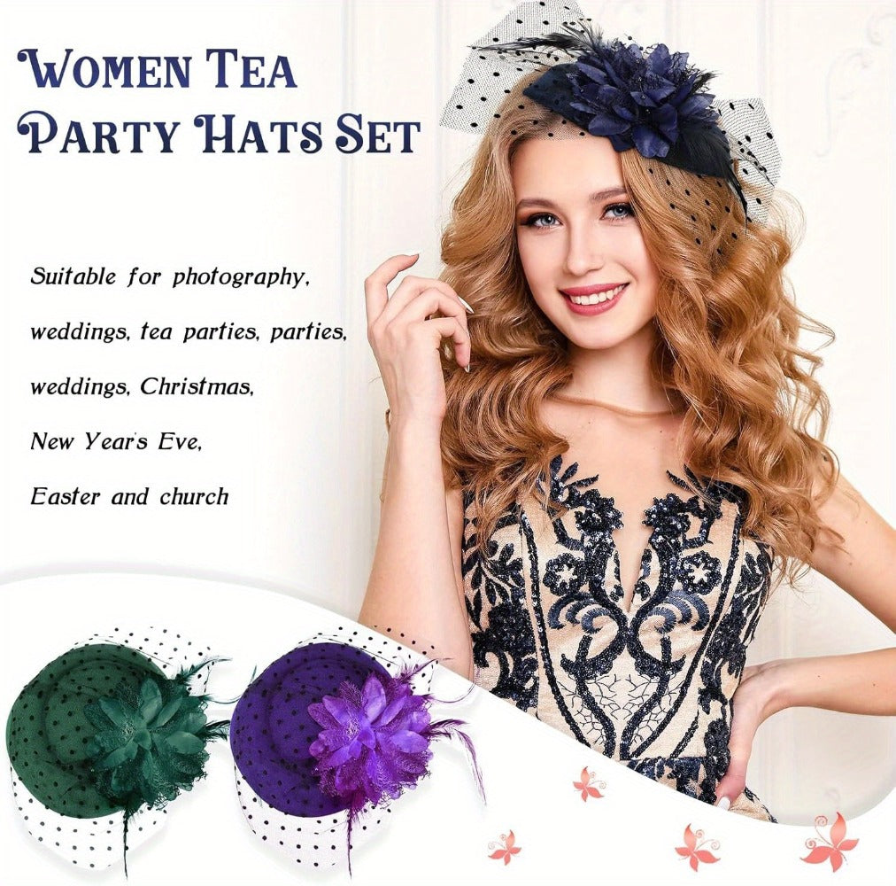 Fascinators & Mini Hats - Fascinator Set of 6 Feather Pillbox Hat with Clip Veil Flower for Women - product detail view 10