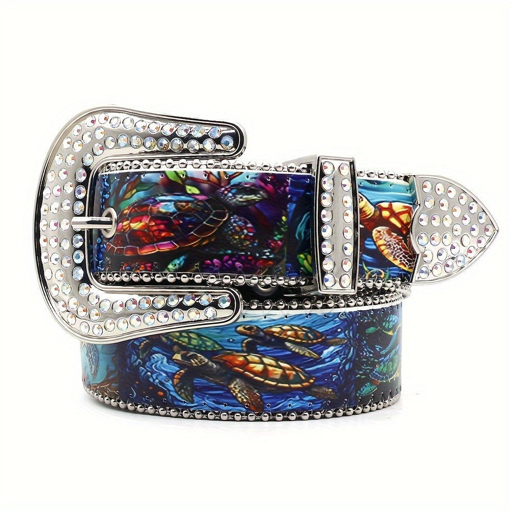 Fashion Belt - Diamond Sea Turtle Print Y2K Luxury Rhinestone Embellished Unisex - product detail view 4