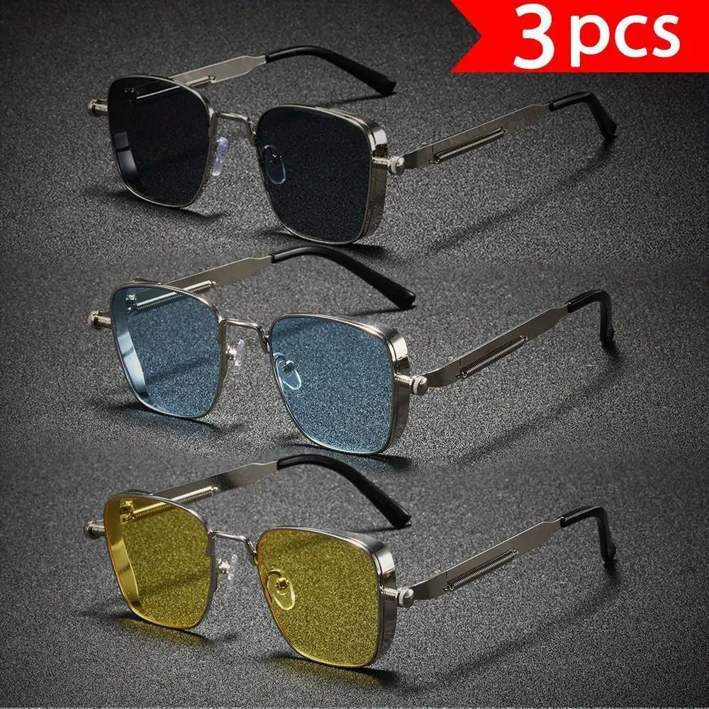 Fashion Sunglasses - Cyberpunk Glasses 3-Pack Unisex Punk Rectangular Metal Frame, Black & Gold - product detail view 4