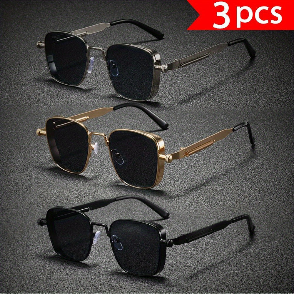 Fashion Sunglasses - Cyberpunk Glasses 3-Pack Unisex Punk Rectangular Metal Frame, Black & Gold - product detail view 7