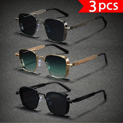 Fashion Sunglasses - Cyberpunk Glasses 3-Pack Unisex Punk Rectangular Metal Frame, Black & Gold - product detail view 8