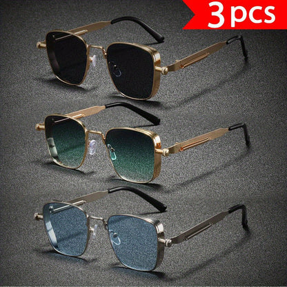 Fashion Sunglasses - Cyberpunk Glasses 3-Pack Unisex Punk Rectangular Metal Frame, Black & Gold - product detail view 11