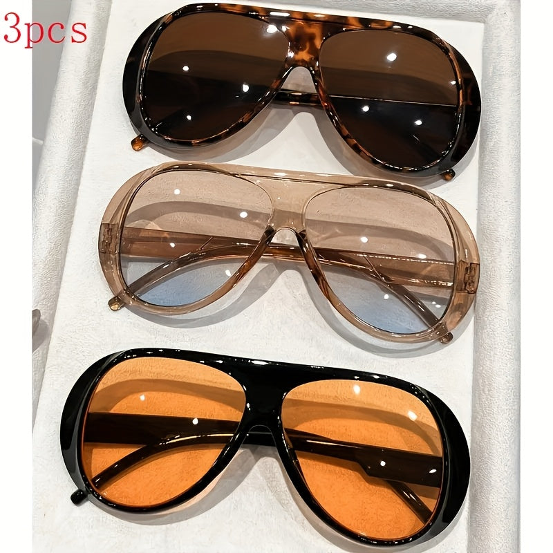 Fashion Sunglasses - Decorative Glasses Set of 3 Pairs Oversized PC Frame Eyewear Tea - product detail view 6
