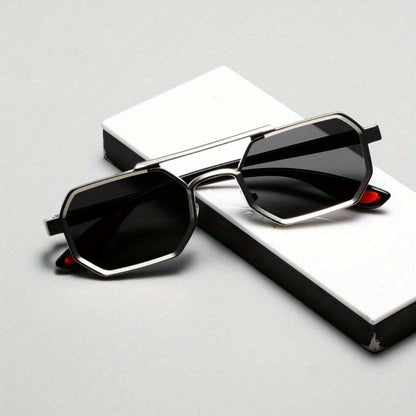 Fashion Sunglasses - Double Bridge Unisex Geometric Metal Frame, AC UV Lenses, Silver Eyewear - product detail view 3