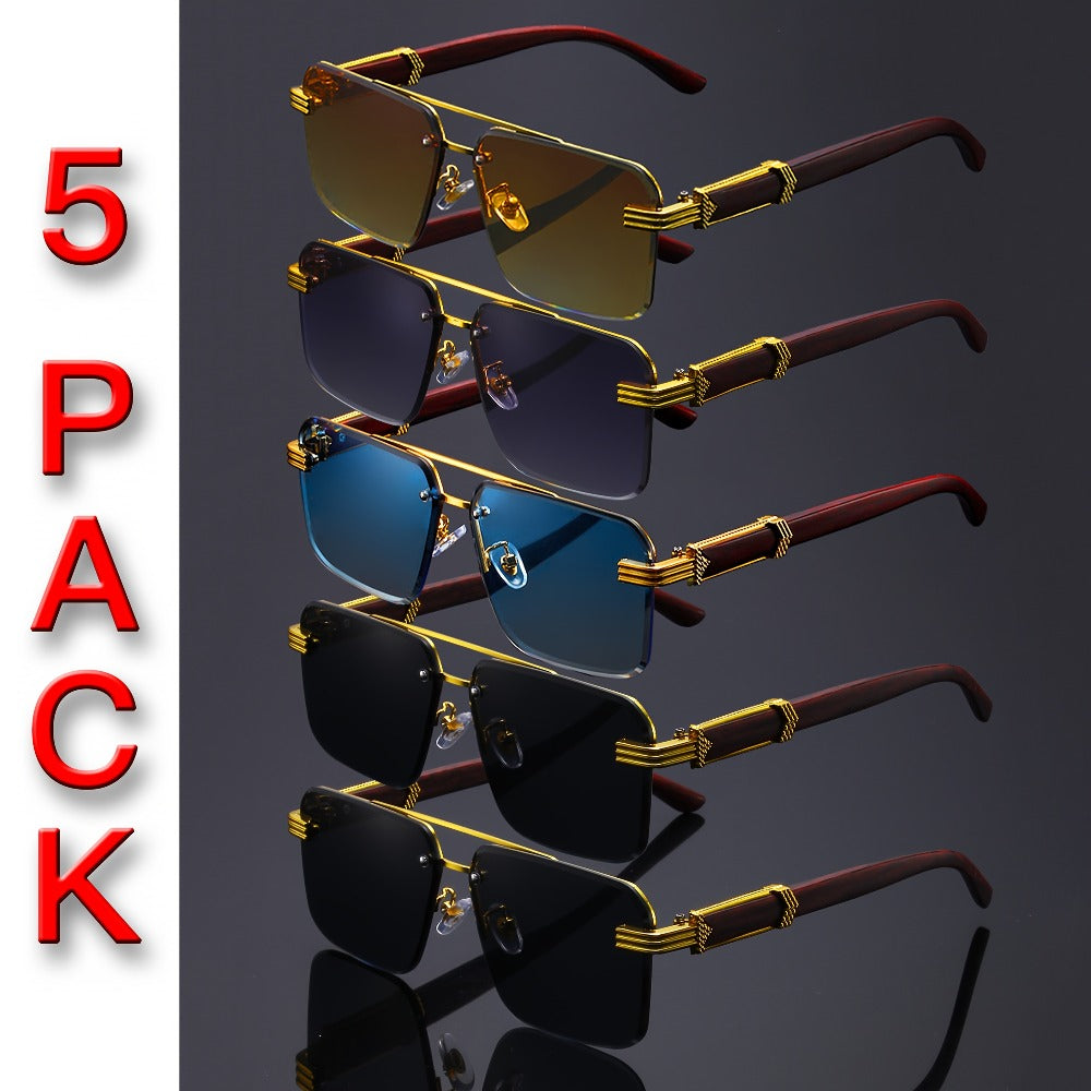Fashion Sunglasses - Rimless Glasses 5 Pack Double Bridge Wooden Temple Polycarbonate Lenses - product detail view 4