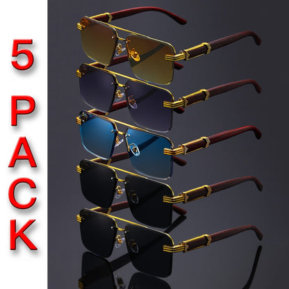 Fashion Sunglasses - Rimless Glasses 5 Pack Double Bridge Wooden Temple Polycarbonate Lenses - product detail view 4