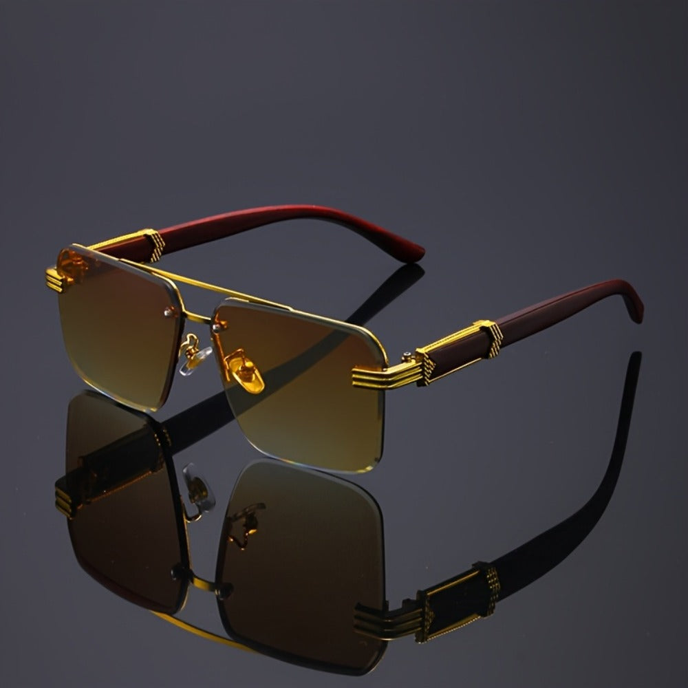 Fashion Sunglasses - Rimless Glasses 5 Pack Double Bridge Wooden Temple Polycarbonate Lenses - product detail view 9