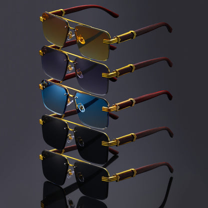 Fashion Sunglasses - Rimless Glasses 5 Pack Double Bridge Wooden Temple Polycarbonate Lenses - product detail view 10